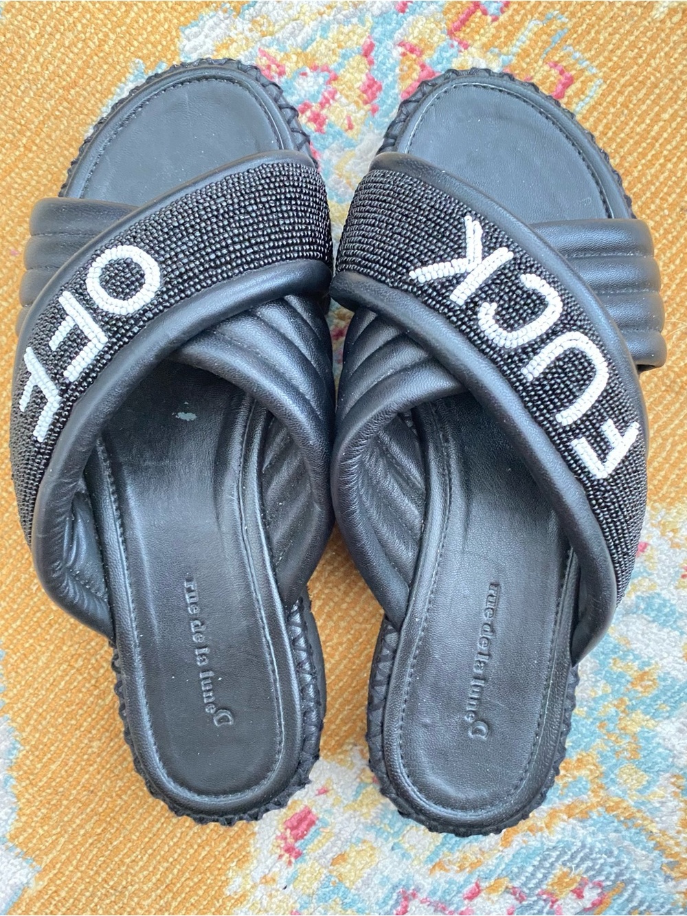 Rue de la Lune F*CK OFF Beaded Leather Sandals Size 7